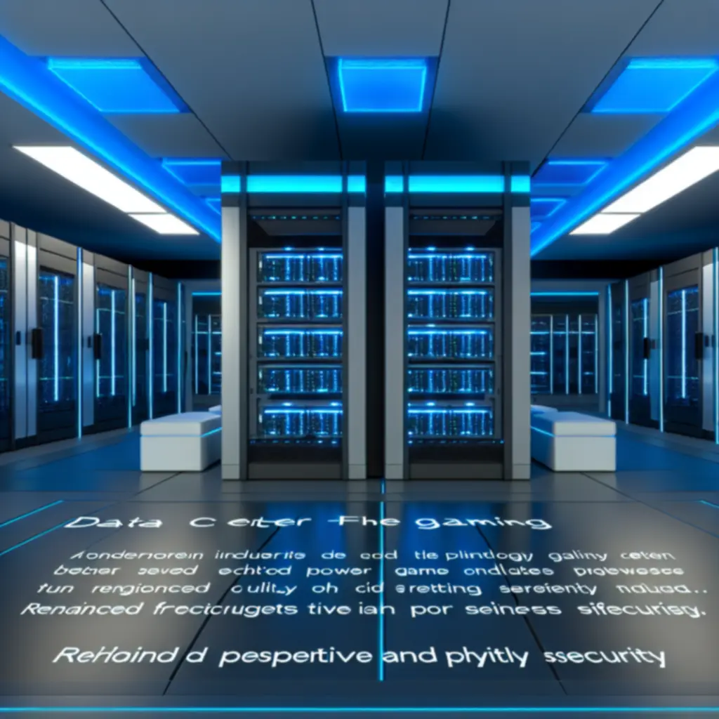 Nowoczesne, bezpieczne centrum danych Gaming System Labs z niebieskimi i grafitowymi interfejsami monitorującymi.